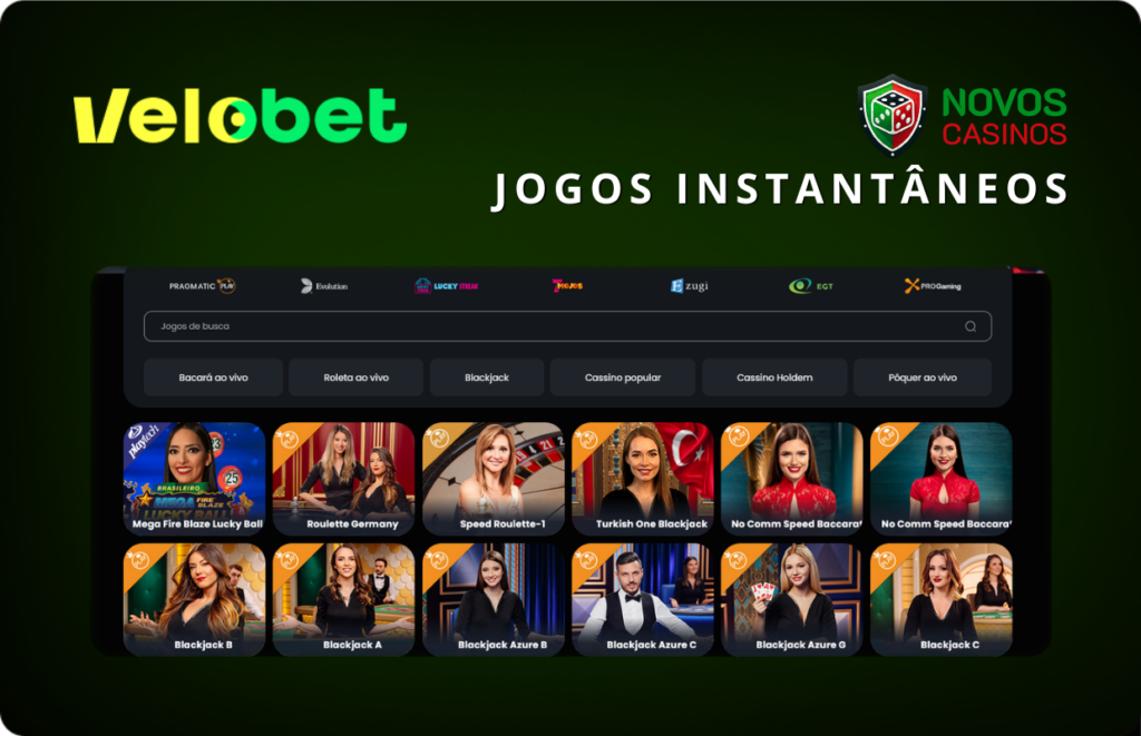 Jogos instantâneos ao vivo no Velobet com várias opções de roleta, blackjack e bacará






