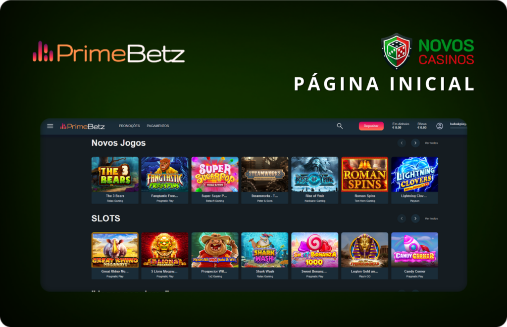 Página inicial do casino PrimeBetz com jogos novos e slots populares